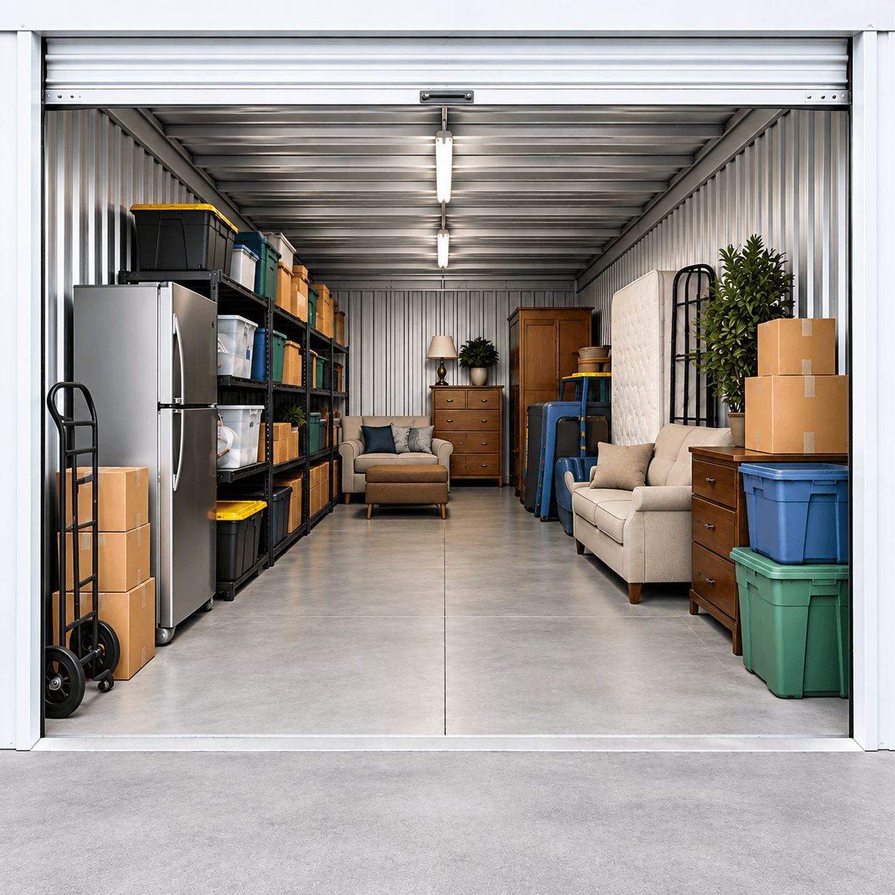 Open storage unit organized with shelving, boxes, furniture, and household items